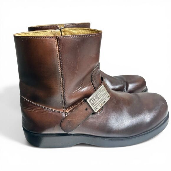 Polo Ralph Lauren Men\'s 9.5D Brown Leather Biker Boots Metal Logo Buckle Strap main image 6